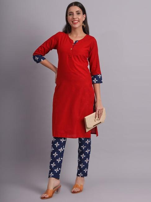 deckedup red regular fit kurta with pants