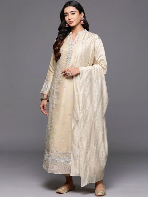 libas art beige embroidered kurta pant set with dupatta