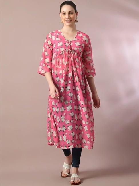 myshka pink floral print straight kurta