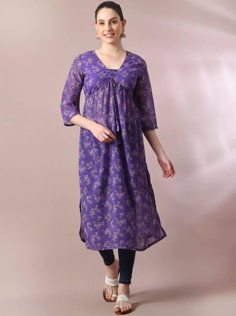 myshka purple floral print straight kurta