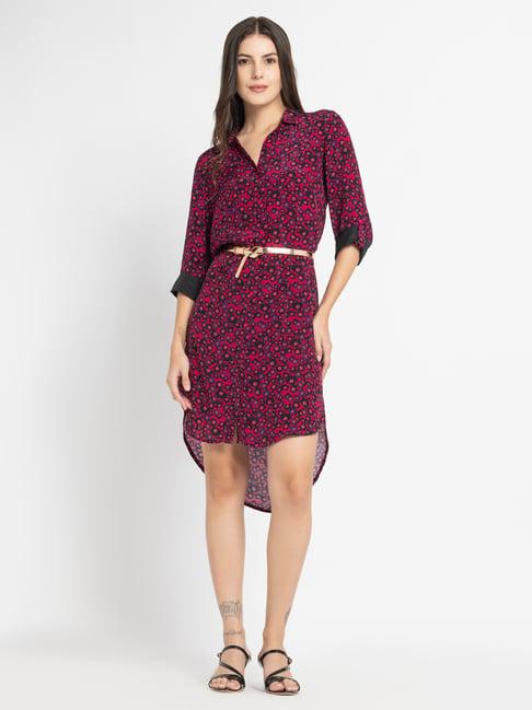 shaye pink & black floral print shirt dress with belt