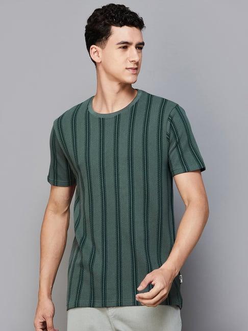 fame forever by lifestyle sage green regular fit striped crew t-shirt