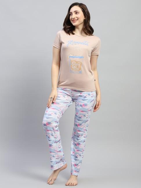 monte carlo beige & blue cotton graphic print t-shirt with pyjamas