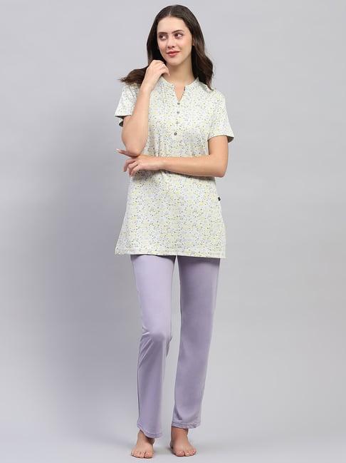 monte carlo green & purple cotton floral print top with pyjamas