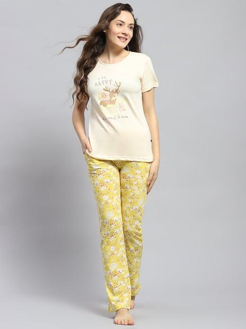 monte carlo yellow & white cotton graphic print t-shirt with pyjamas