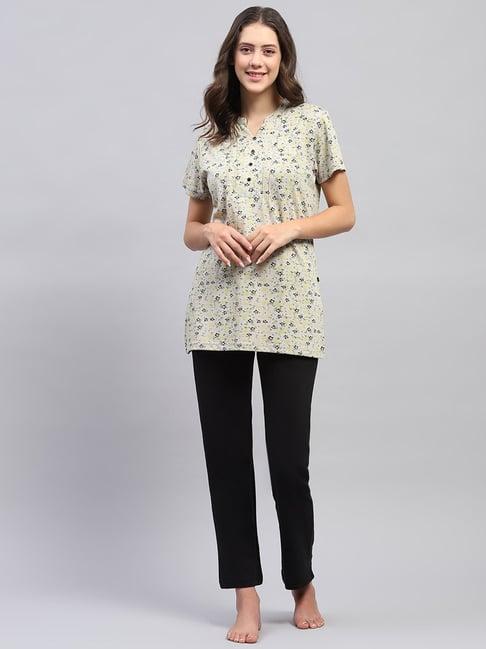 monte carlo black & yellow cotton floral print top with pyjamas