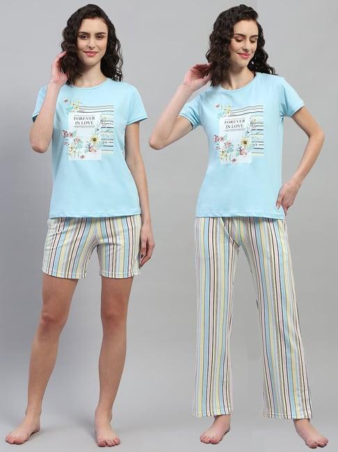 monte carlo sky blue cotton graphic print t-shirt with shorts & pyjamas