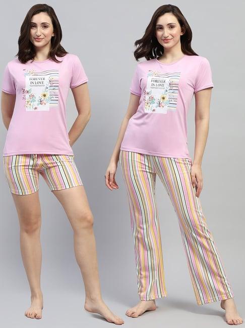 monte carlo pink & yellow cotton graphic print t-shirt with shorts & pyjamas