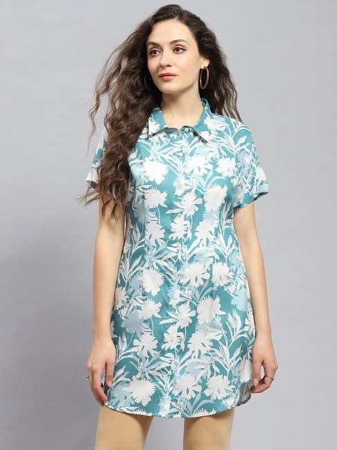 monte carlo blue & white linen floral print shirt dress