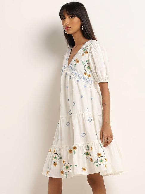 bombay paisley by westside ivory floral embroidered tiered cotton dress