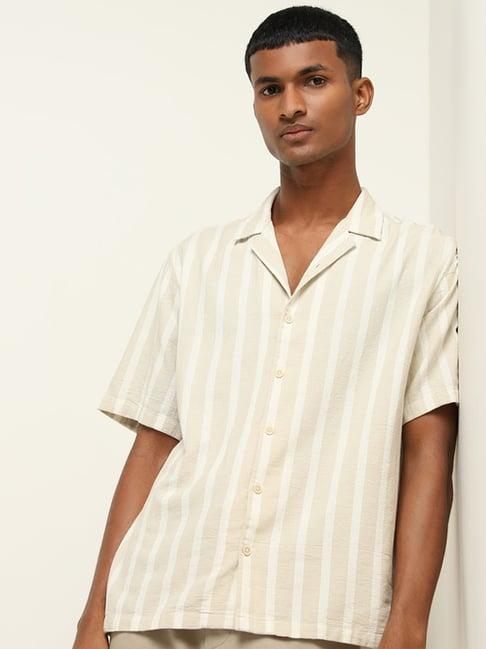 eta by westside light taupe striped relaxed-fit cotton shirt