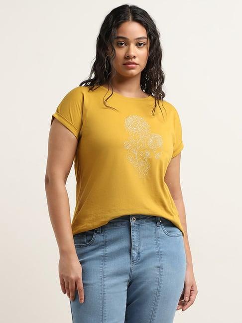 gia by westside mustard floral printed cotton t-shirt