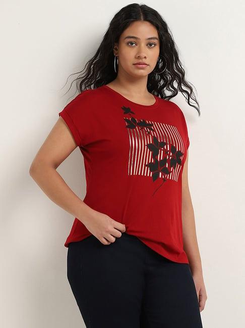 gia by westside red floral printed cotton t-shirt