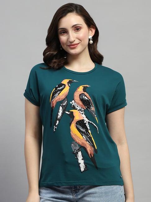 monte carlo teal cotton embellished t-shirt