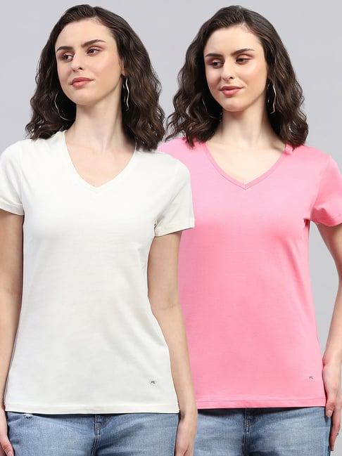 monte carlo off white & pink cotton regular fit t-shirt ( pack of 2 )