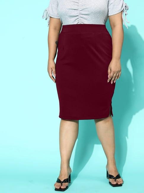 buynewtrend maroon plus size pencil skirt