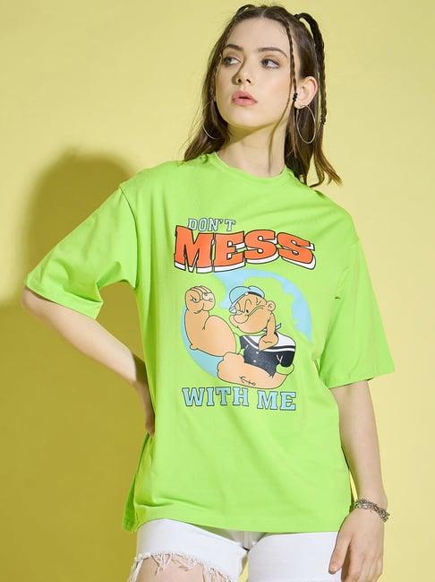 buynewtrend neon green printed t-shirt