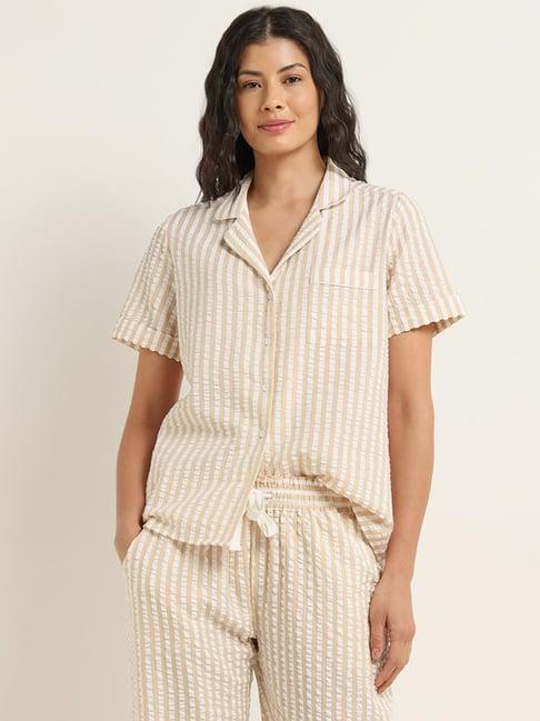 wunderlove by westside beige seersucker striped cotton shirt and mid-rise pyjamas set