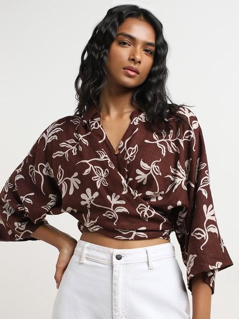 lov by westside brown floral print blended linen blouse