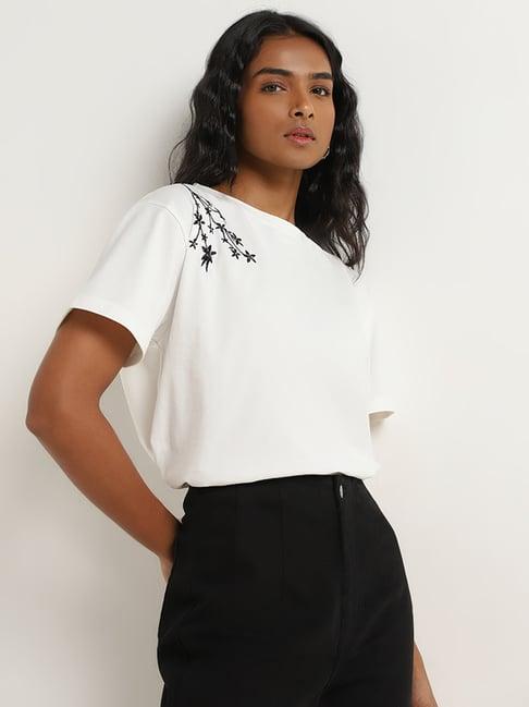 lov by westside off-white floral embroidered cotton top