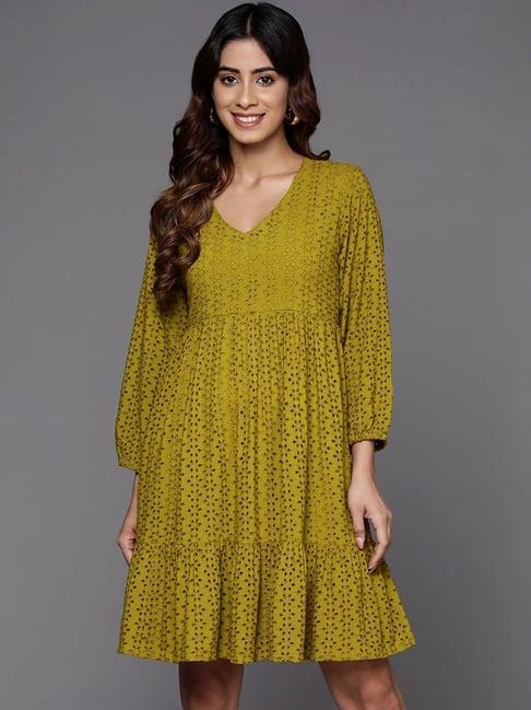 varanga green cotton self pattern a-line dress