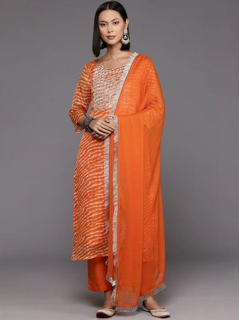 varanga orange printed kurta pant set with dupatta