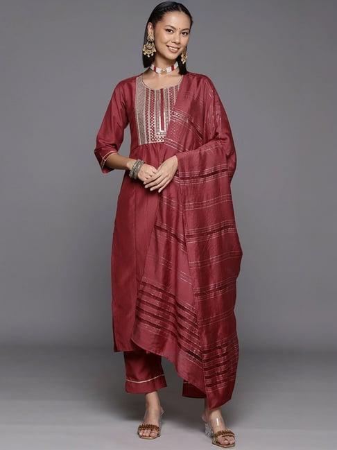 varanga rust embroidered kurta pant set with dupatta