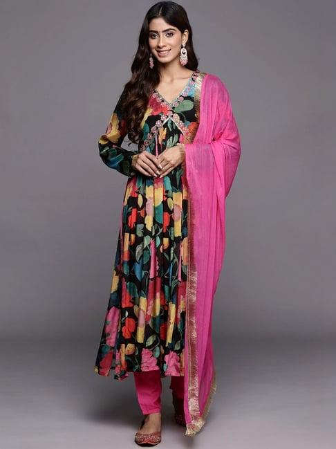 varanga black & pink floral print kurta pant set with dupatta