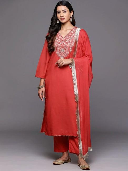 varanga red embroidered kurta pant set with dupatta