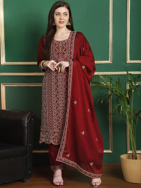 stylee lifestyle red embroidered unstitched dress material