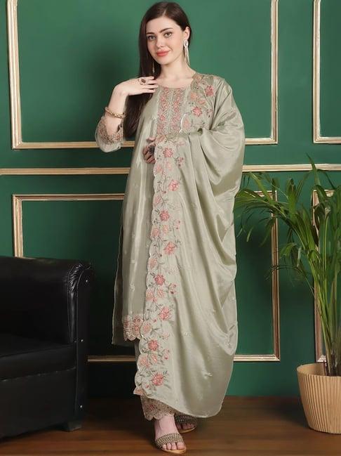 stylee lifestyle olive green embroidered unstitched dress material