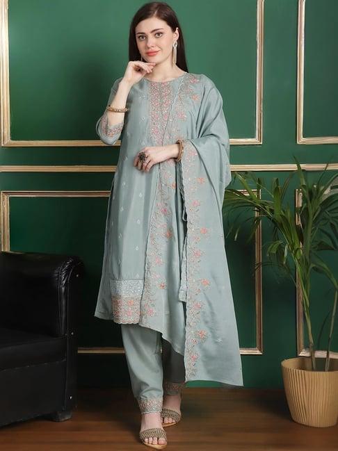 stylee lifestyle green embroidered unstitched dress material