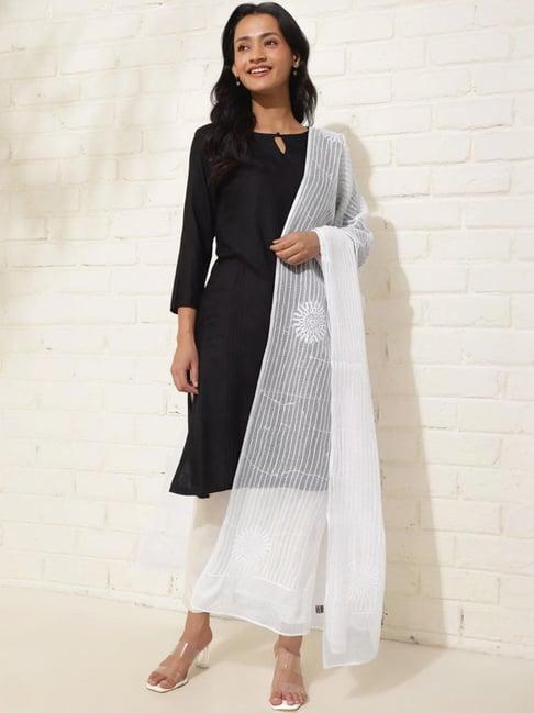 fabindia white cotton silk chikankari dupatta