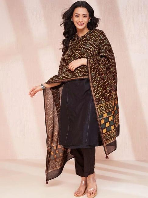 fabindia brown cotton silk blend printed dupatta