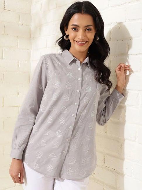 fabindia grey cotton chikankari shirt