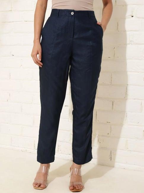 fabindia navy viscose silk woven slim fit casual pant