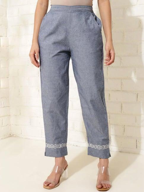 fabindia blue cotton chikankari tapered casual pant