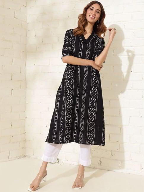 fabindia black cotton hand block printed long kurta