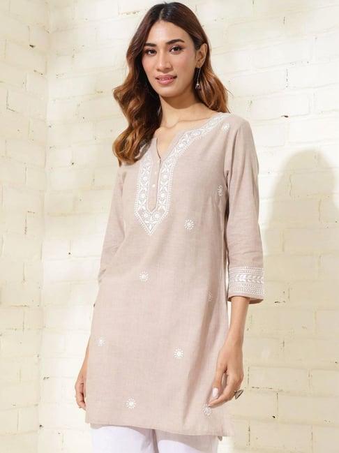 fabindia beige cotton chikankari slim fit kurti