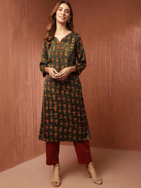 fabindia green modal dabu printed long kurta