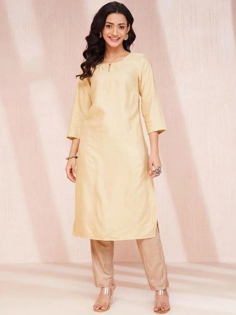 fabindia beige viscose silk calf length long kurta