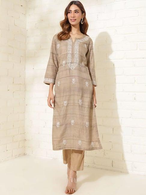 fabindia beige silk chikankari long kurta