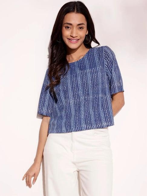 fabindia indigo cotton dabu printed regular top