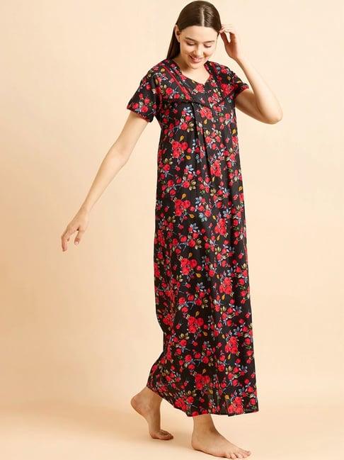 sweet dreams black & red cotton printed night gown