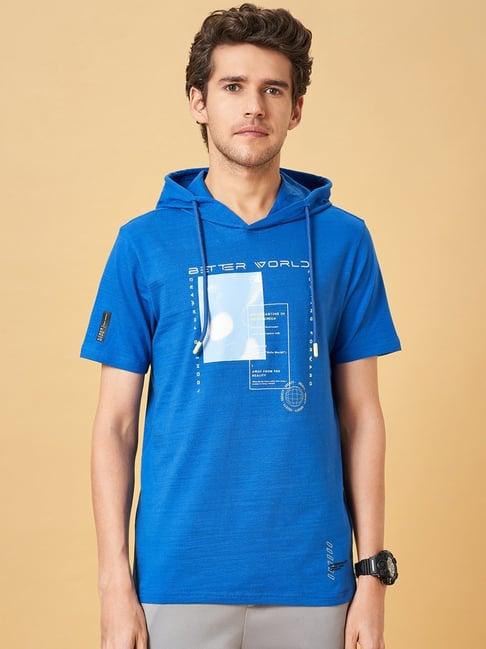 ajile by pantaloons royal blue slim fit printed hooded t-shirt