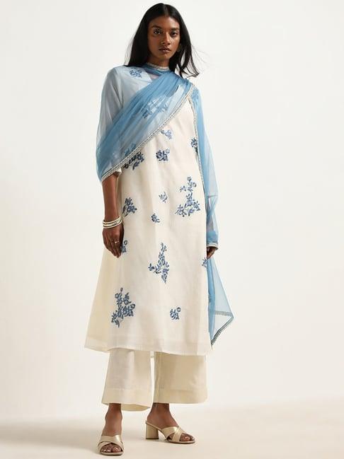 vark by westside off-white embroidery a-line kurta, pants & dupatta set