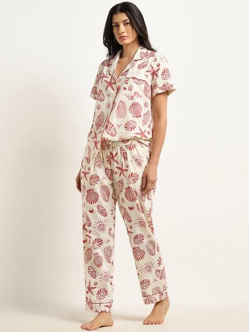 wunderlove by westside beige seashell printed shirt with pyjamas set