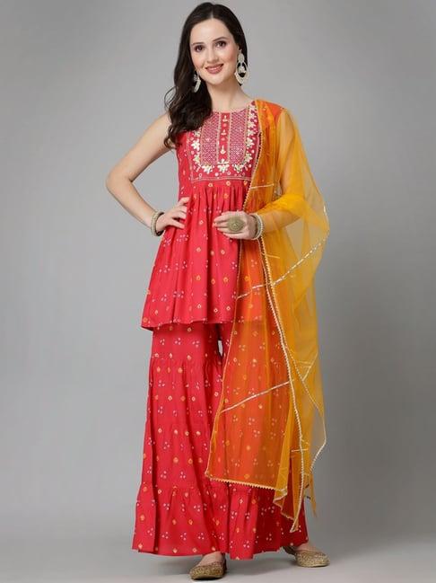 stylum coral embroidered kurta & sharara set with dupatta