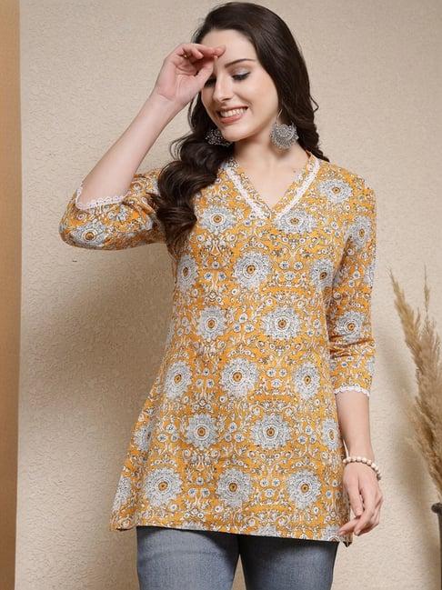 stylum mustard cotton floral print top