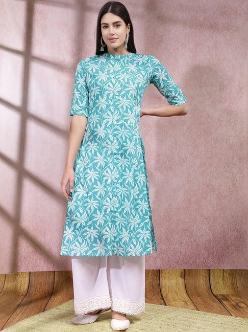 stylum turquoise blue cotton floral print a-line kurta